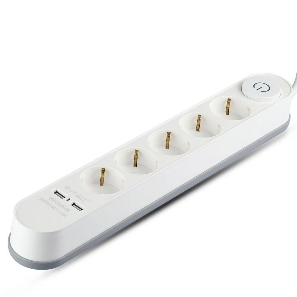 v-tac 5 ways socket with lighted switch & 2 usb port 3g 1. 5mm*3m white